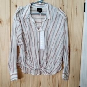 Lumiere Women's Beige Striped Button Down Shirt